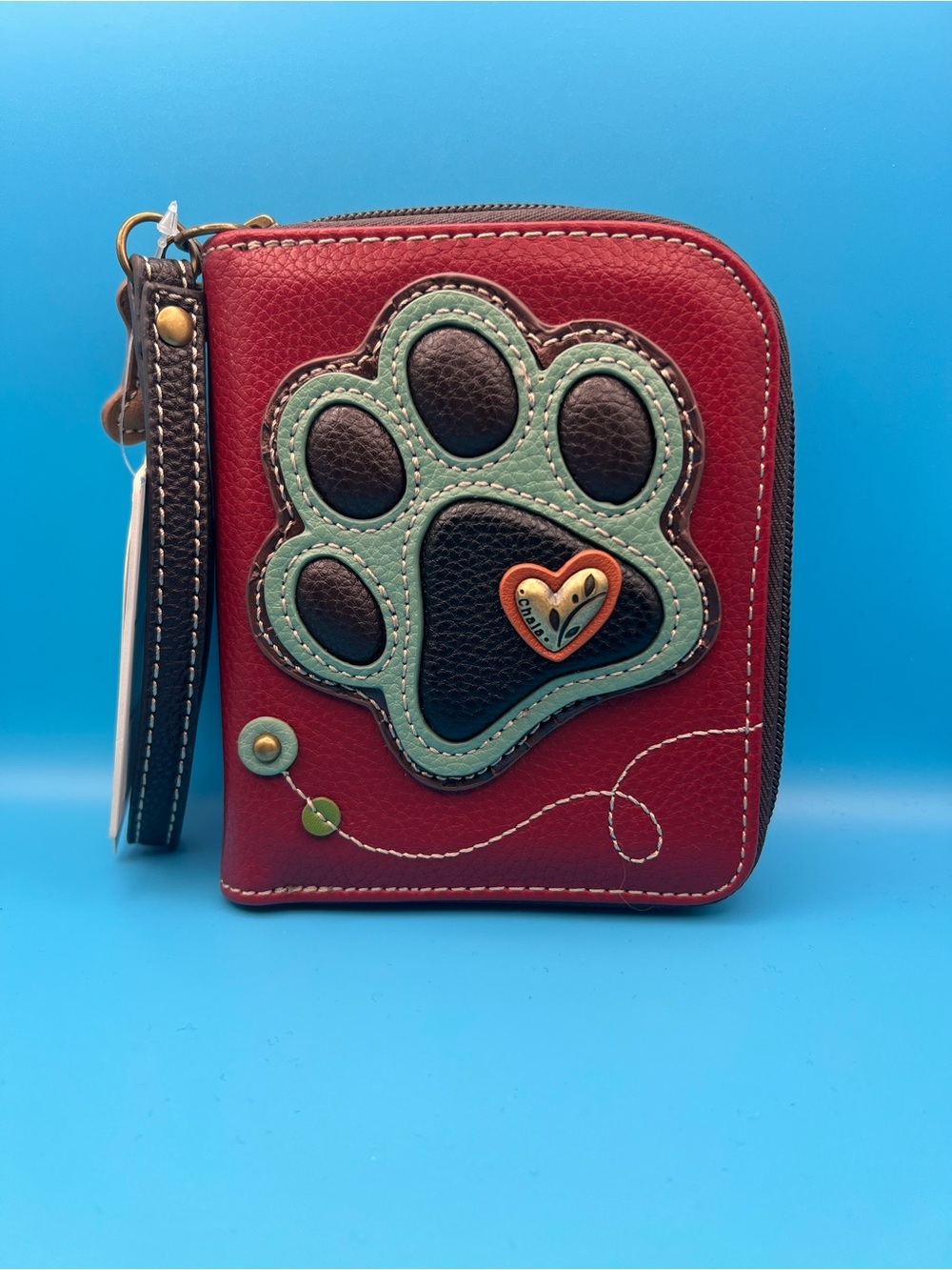 NWT CHALA MAROON TEAL PAW PRINT DOG ZIP AROUND WALLET FAUX VEGAN LEATHER